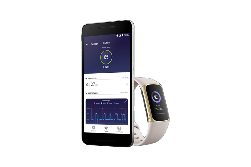 Recorded data from a fitness tracker is visible on the mobile phone.